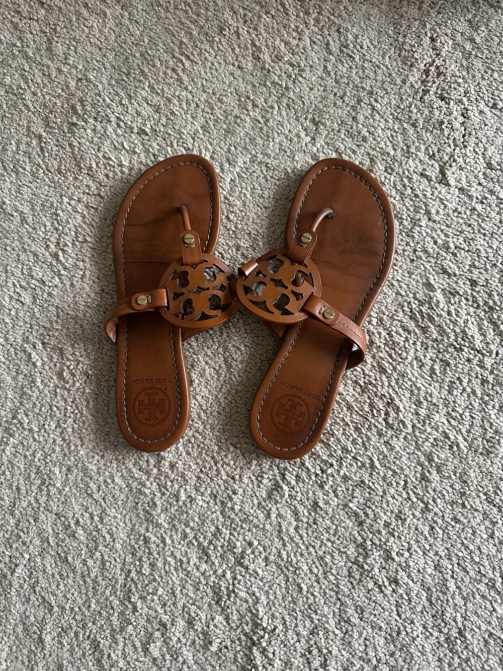 Tory Burch Tan Leather Logo Thong Sandals